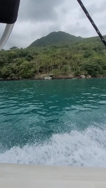 Esteira branca da lancha com o costão verde de Ilhabela ao fundo